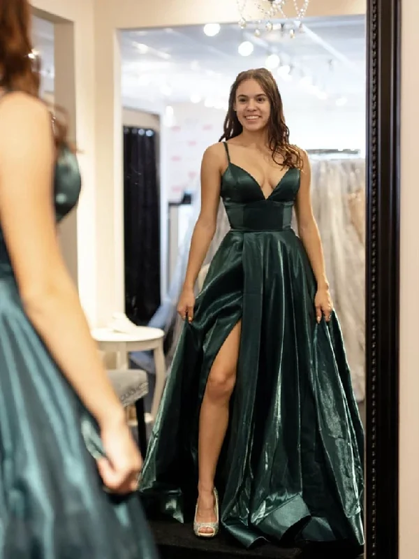 A Line V Neck Dark Green Satin Prom Dresses with Leg Slit, V Neck Dark Green Satin Long Formal Evening Dresses A Line V Neck Dark Green Satin Prom Dresses with Leg Slit, V Neck Dark Green Satin Long Formal Evening Dresses