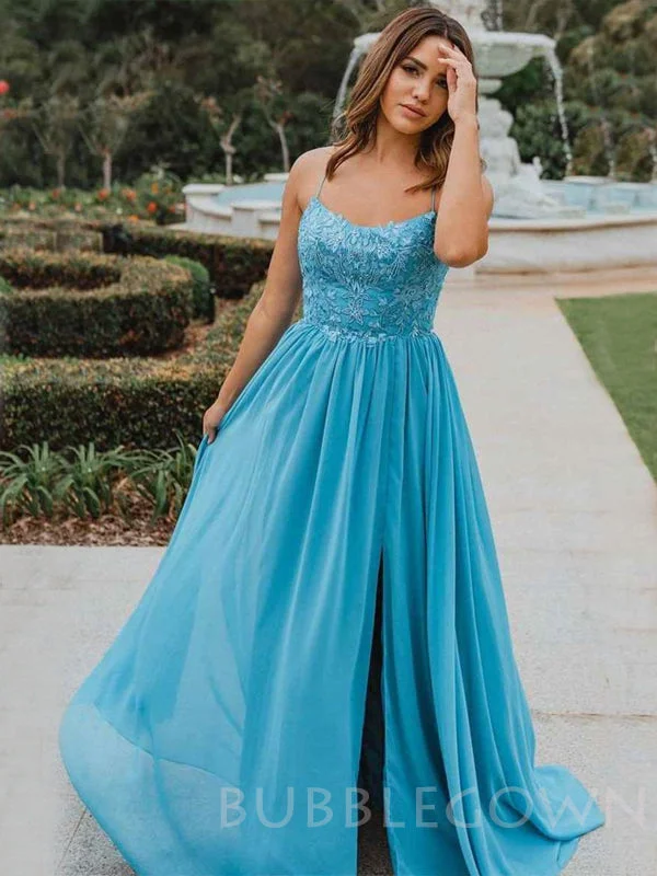 A-line Blue Chiffon Beaded Spaghetti Straps Long Evening Prom Dresses, Cheap Custom Prom Dresses, MR7911 A-line Blue Chiffon Beaded Spaghetti Straps Long Evening Prom Dresses, Cheap Custom Prom Dresses, MR7911