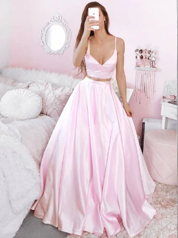 V Neck Two Pieces Pink Satin Long Prom Dresses, 2 Pieces Pink Formal Evening Dresses V Neck Two Pieces Pink Satin Long Prom Dresses, 2 Pieces Pink Formal Evening Dresses
