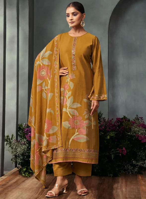 Fancy Mustard Unstitched Pure Muslin Suit Dress Material with Embroidery