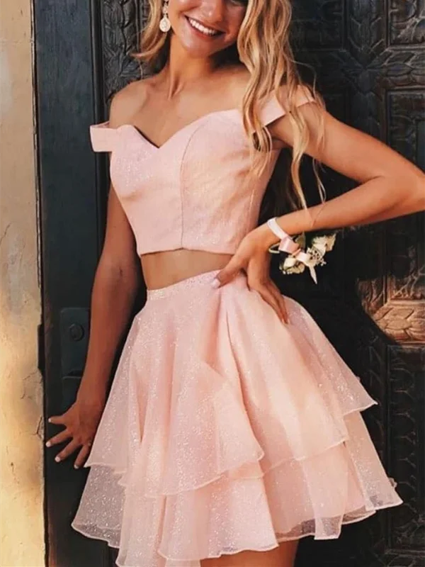 Pink Off Shoulder Two Pieces Short Prom Dresses, Off The Shoulder 2 Pieces Short Graduation Homecoming Dresses Pink Off Shoulder Two Pieces Short Prom Dresses, Off The Shoulder 2 Pieces Short Graduation Homecoming Dresses