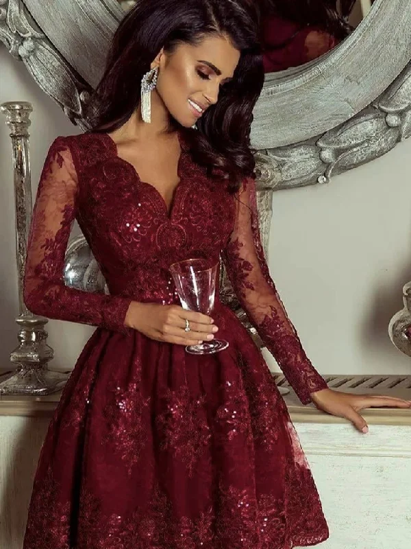 A Line V Neck Burgundy Lace Short Prom Dresses, Long Sleeves Short Burgundy Lace Homecoming Graduation Dresses A Line V Neck Burgundy Lace Short Prom Dresses, Long Sleeves Short Burgundy Lace Homecoming Graduation Dresses