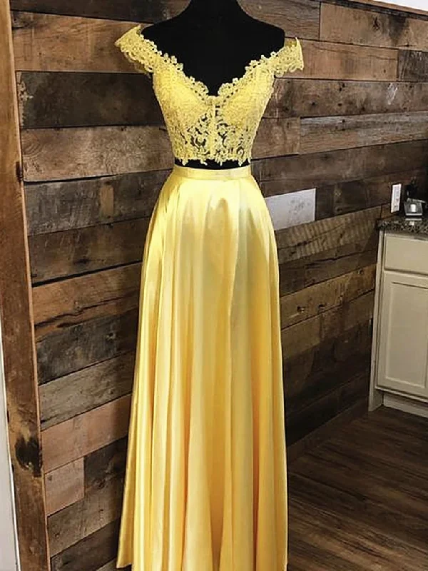 A Line Yellow Lace Two Pieces Off Shoulder Long Prom Dresses, Yellow Lace 2 Pieces Off The Shoulder Formal Evening Dresses A Line Yellow Lace Two Pieces Off Shoulder Long Prom Dresses, Yellow Lace 2 Pieces Off The Shoulder Formal Evening Dresses