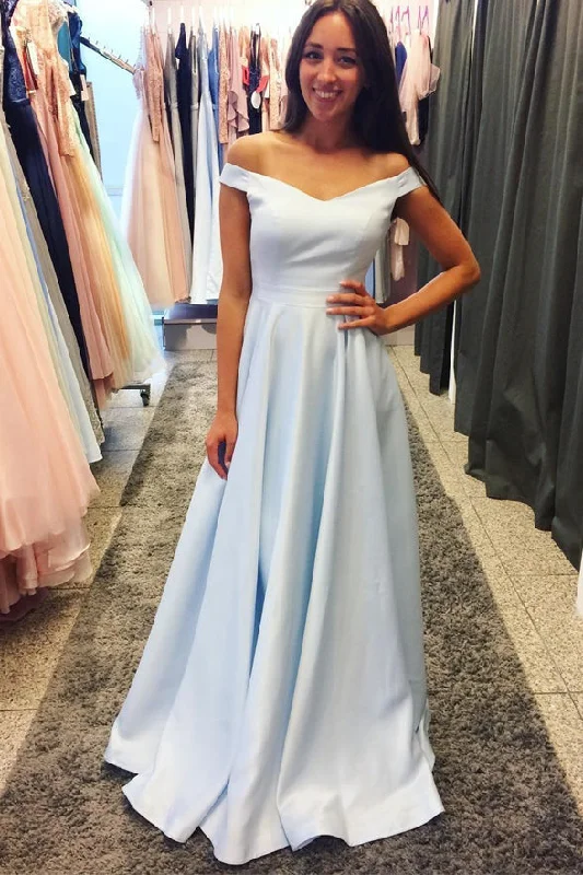 Off the Shoulder Light Blue Satin Long Elegant Prom Dresses Evening Dress Party Gown Off the Shoulder Light Blue Satin Long Elegant Prom Dresses Evening Dress Party Gown