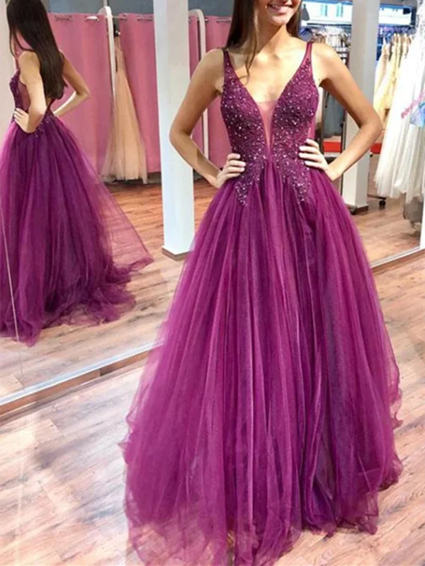 A Line V Neck Purple Tulle Long Prom Dresses With Beaded, Purple Beaded Long Formal Evening Dresses A Line V Neck Purple Tulle Long Prom Dresses With Beaded, Purple Beaded Long Formal Evening Dresses