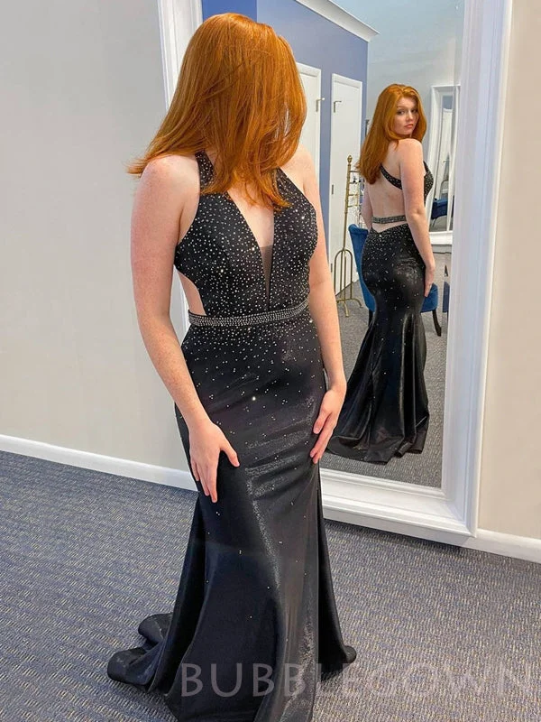 Deep V-neck Black Satin Beaded Sparkly Long Mermaid Evening Prom Dresses, Cheap Custom Prom Dresses, MR7982 Deep V-neck Black Satin Beaded Sparkly Long Mermaid Evening Prom Dresses, Cheap Custom Prom Dresses, MR7982