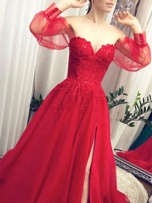 Lace Red Tulle Long Sleeves Prom Dresses, Lace Red Tulle Long Sleeves Formal Evening Dresses Lace Red Tulle Long Sleeves Prom Dresses, Lace Red Tulle Long Sleeves Formal Evening Dresses