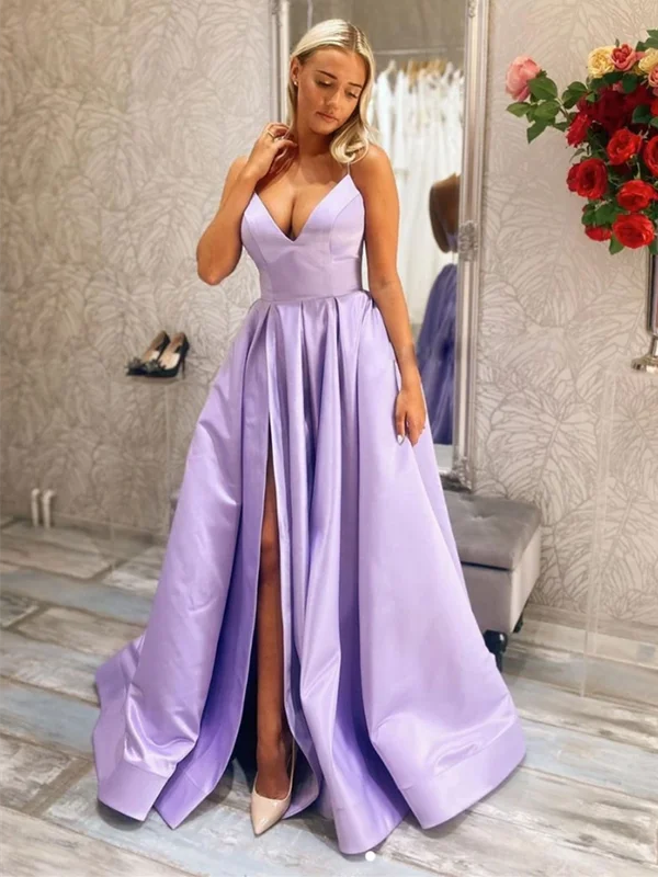 V Neck Purple Long Prom Dresses with Leg Slit, Satin Formal Dresses, Purple Graduation Evening Dresses V Neck Purple Long Prom Dresses with Leg Slit, Satin Formal Dresses, Purple Graduation Evening Dresses