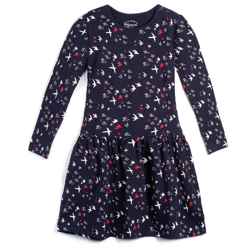 Mightly - Girl's Organic Cotton Drop Waist Dress Migrating Birds