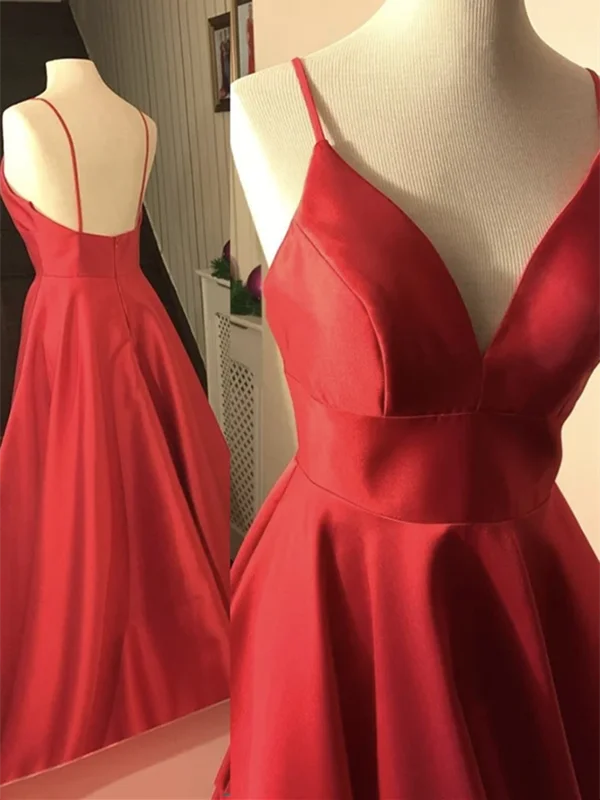 A Line V Neck Backless Red Satin Long Prom Dresses, Red Open Back Long Formal Evening Dresses A Line V Neck Backless Red Satin Long Prom Dresses, Red Open Back Long Formal Evening Dresses