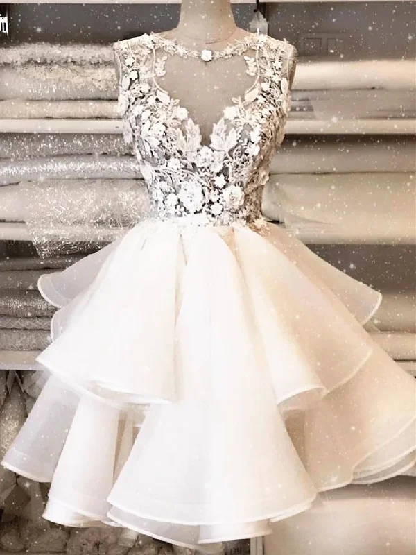 Round Neck Short Ivory Lace Prom Dresses, Short Ivory Lace Formal Graduation Homecoming Dresses Round Neck Short Ivory Lace Prom Dresses, Short Ivory Lace Formal Graduation Homecoming Dresses
