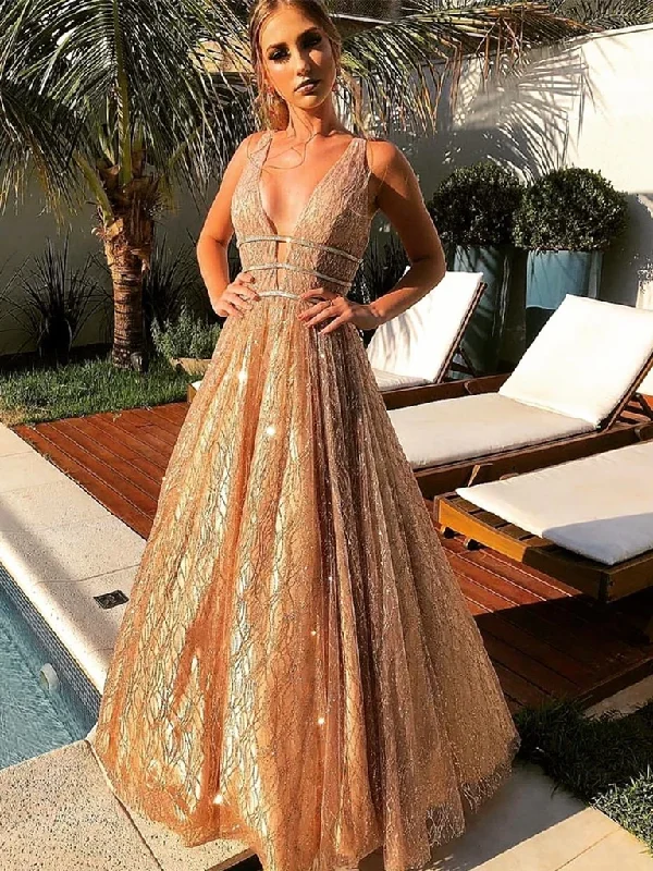 Sparkly Deep V Neck Champagne Long Prom Dresses, Champagne Floor Length Formal Graduation Evening Dresses Sparkly Deep V Neck Champagne Long Prom Dresses, Champagne Floor Length Formal Graduation Evening Dresses