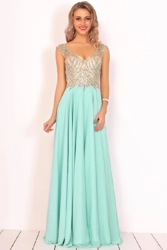 2024 Open Back V Neck Beaded Bodice Prom Dresses A Line Chiffon PAEP4SZ1