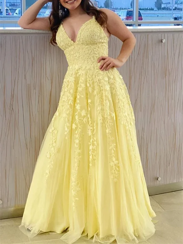 A Line V Neck Backless Yellow Lace Long Prom Dresses, Yellow Lace Formal Graduation Evening Dresses A Line V Neck Backless Yellow Lace Long Prom Dresses, Yellow Lace Formal Graduation Evening Dresses