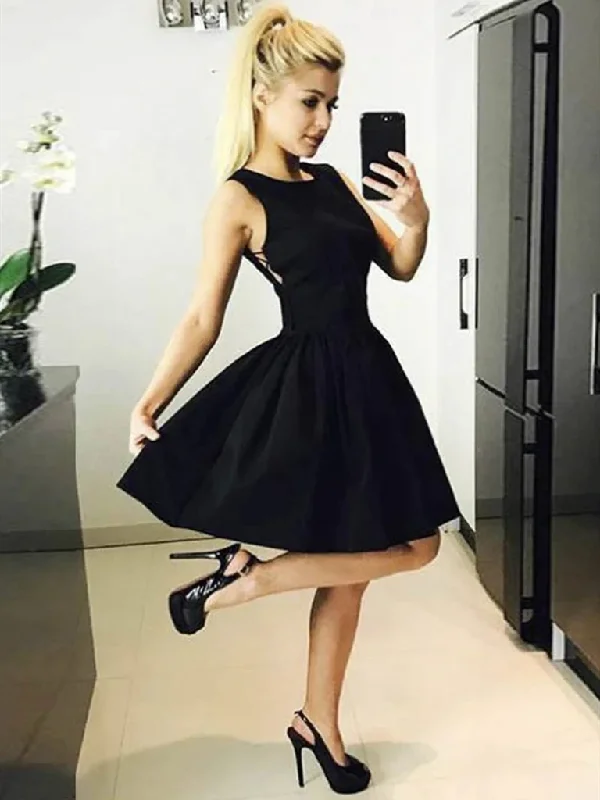 A Line Round Neck Short Black Satin Prom Dresses, Short Black Formal Homecoming Graduation Dresses A Line Round Neck Short Black Satin Prom Dresses, Short Black Formal Homecoming Graduation Dresses