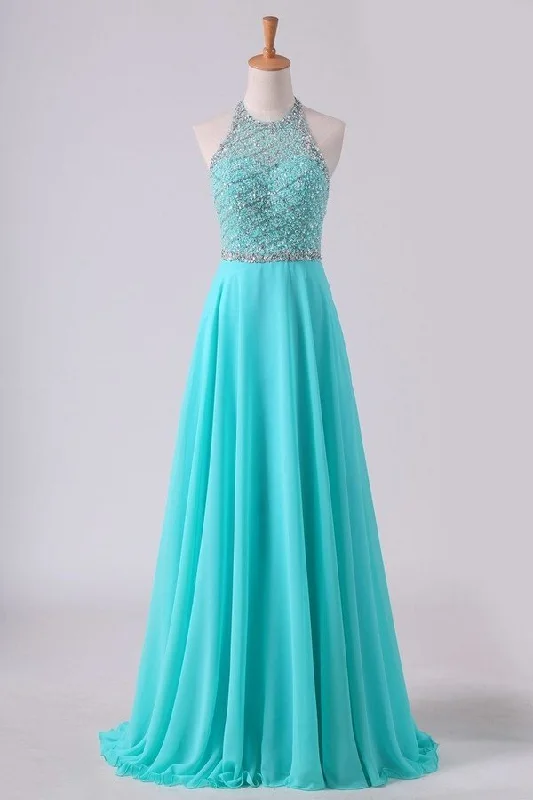 2024 Open Back A Line Prom Dresses Halter Beaded Bodice Sweep Train Chiffon & PA7KM6T5 2024 Open Back A Line Prom Dresses Halter Beaded Bodice Sweep Train Chiffon & PA7KM6T5