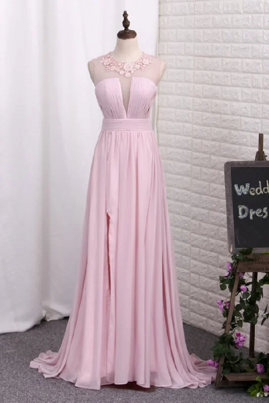 2024 Prom Dresses A Line Scoop Chiffon With Ruffles PM4A7FDY