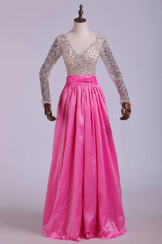 2024 Prom Dresses V Neck A Line Taffeta With Beading Floor-Length P1SMYSKG