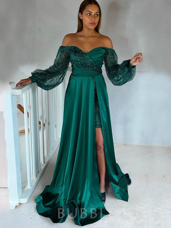 Off Shoulder A-line Green Satin Sequin Long Evening Prom Dresses, Custom Prom Dress, MR7877 Off Shoulder A-line Green Satin Sequin Long Evening Prom Dresses, Custom Prom Dress, MR7877