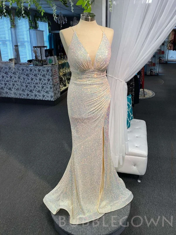 Champagne Sequin V-neck Mermaid Long Evening Prom Dresses, Cheap Custom Prom Dresses, MR7975 Champagne Sequin V-neck Mermaid Long Evening Prom Dresses, Cheap Custom Prom Dresses, MR7975
