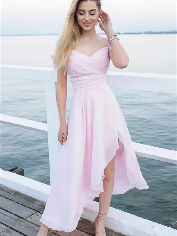 High Low Pink Off Shoulder Chiffon Prom Dresses, High Low Pink Formal Graduation Homecoming Dresses High Low Pink Off Shoulder Chiffon Prom Dresses, High Low Pink Formal Graduation Homecoming Dresses