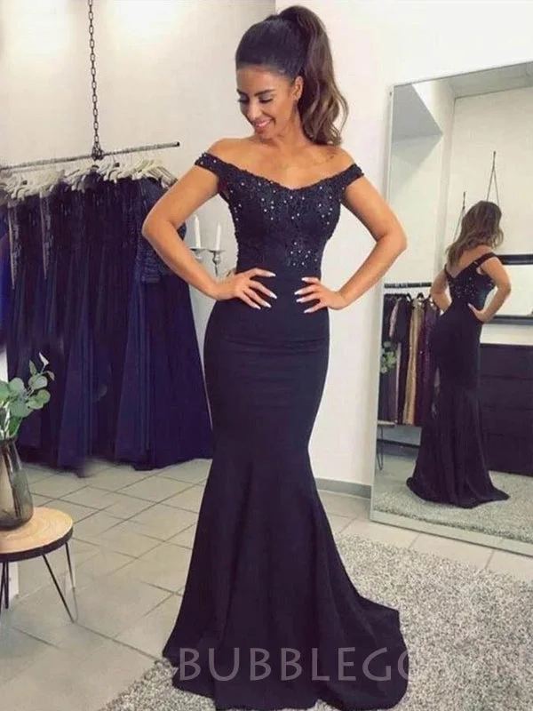 Off Shoulder Navy Blue Satin Appliques Long Beaded Mermaid Evening Prom Dresses, Cheap Custom Prom Dresses, MR7927 Off Shoulder Navy Blue Satin Appliques Long Beaded Mermaid Evening Prom Dresses, Cheap Custom Prom Dresses, MR7927