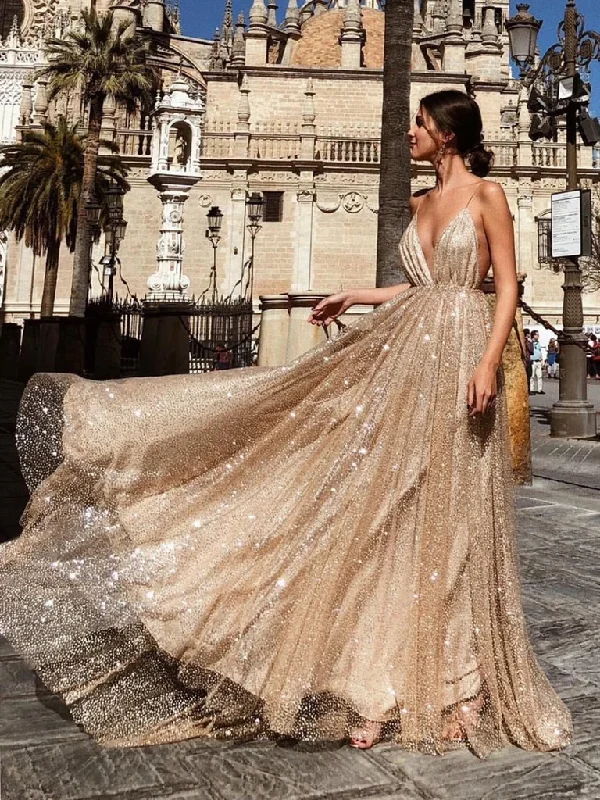 A Line V Neck Backless Champagne Long Sparkling Prom Dresses, Champagne Prom Gown, Formal Dresses A Line V Neck Backless Champagne Long Sparkling Prom Dresses, Champagne Prom Gown, Formal Dresses