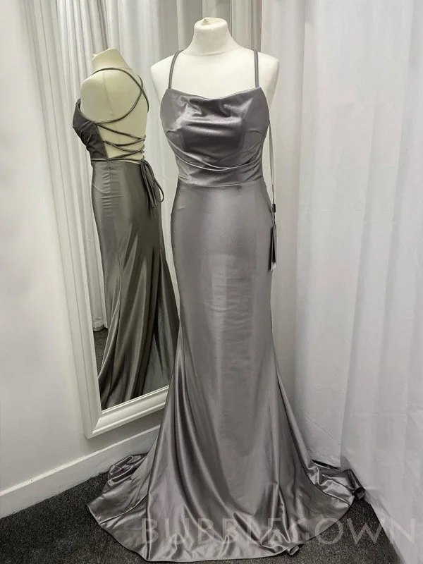 Mermaid Grey Satin Spaghetti Straps Long Backless Evening Prom Dresses, Cheap Custom Prom Dress, MR7980 Mermaid Grey Satin Spaghetti Straps Long Backless Evening Prom Dresses, Cheap Custom Prom Dress, MR7980