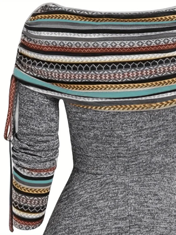 Drawstring Detail A-line Dress in Grey and Multicolor