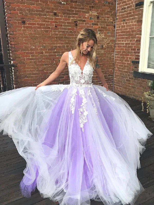 V Neck Purple Tulle Lace Long Prom Dresses, V Neck Purple Lace Formal Evening Dresses V Neck Purple Tulle Lace Long Prom Dresses, V Neck Purple Lace Formal Evening Dresses