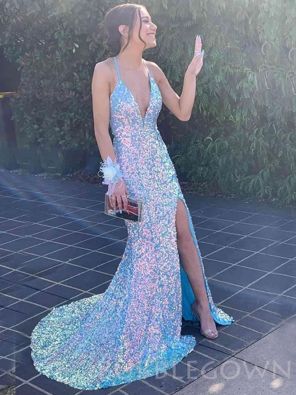 Mermaid Blue Sequin Spaghetti Straps Long Evening Prom Dresses, Cheap Custom Prom Dresses, MR7891 Mermaid Blue Sequin Spaghetti Straps Long Evening Prom Dresses, Cheap Custom Prom Dresses, MR7891