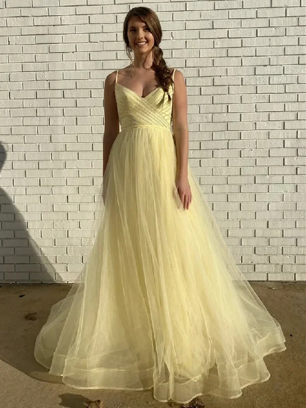 V Neck Yellow Tulle Long Prom Dresses, V Neck Yellow Formal Graduation Evening Dresses V Neck Yellow Tulle Long Prom Dresses, V Neck Yellow Formal Graduation Evening Dresses