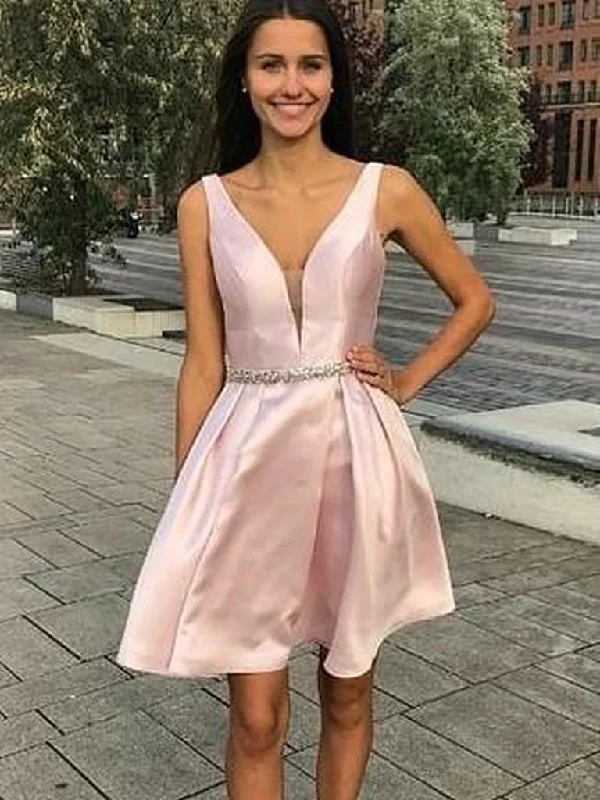 A Line V Neck Short Pink Prom Dresses with Beaded Belt, Short V Neck Pink Graduation Homecoming Dresses A Line V Neck Short Pink Prom Dresses with Beaded Belt, Short V Neck Pink Graduation Homecoming Dresses