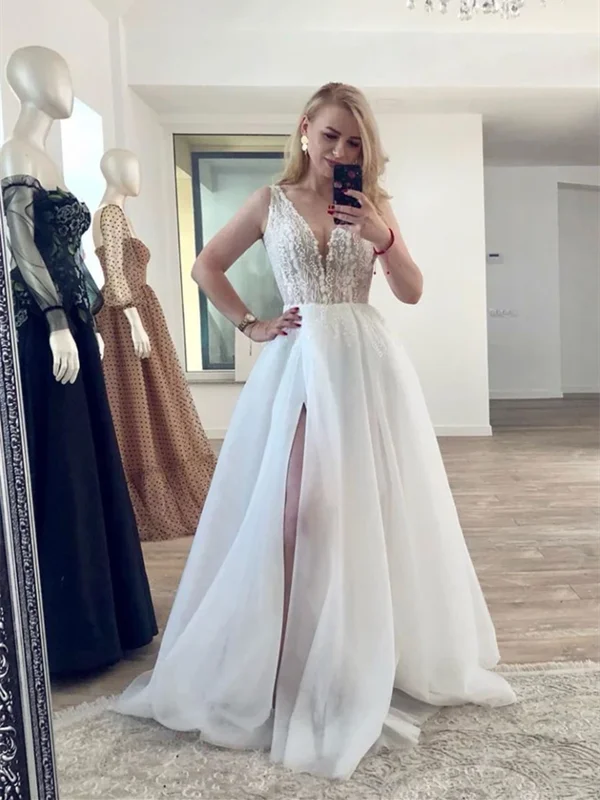 V Neck White Tulle Lace Long Prom Dresses, V Neck White Tulle Lace Long Formal Evening Dresses V Neck White Tulle Lace Long Prom Dresses, V Neck White Tulle Lace Long Formal Evening Dresses