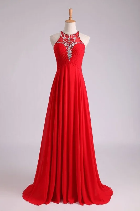 2024 Scoop A-Line/Princess Prom Dresses With Beads And PZGH8TKZ