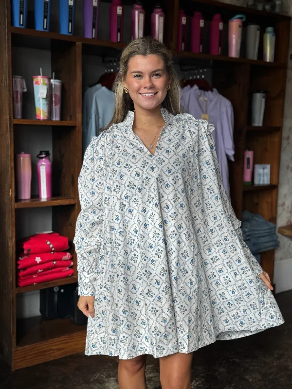 Ivory French Floral V-Neck Ruffle Sleeve Dress