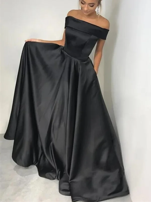 Off Shoulder Black Satin Long Prom Dresses, Off The Shoulder Black Long Formal Evening Dresses Off Shoulder Black Satin Long Prom Dresses, Off The Shoulder Black Long Formal Evening Dresses