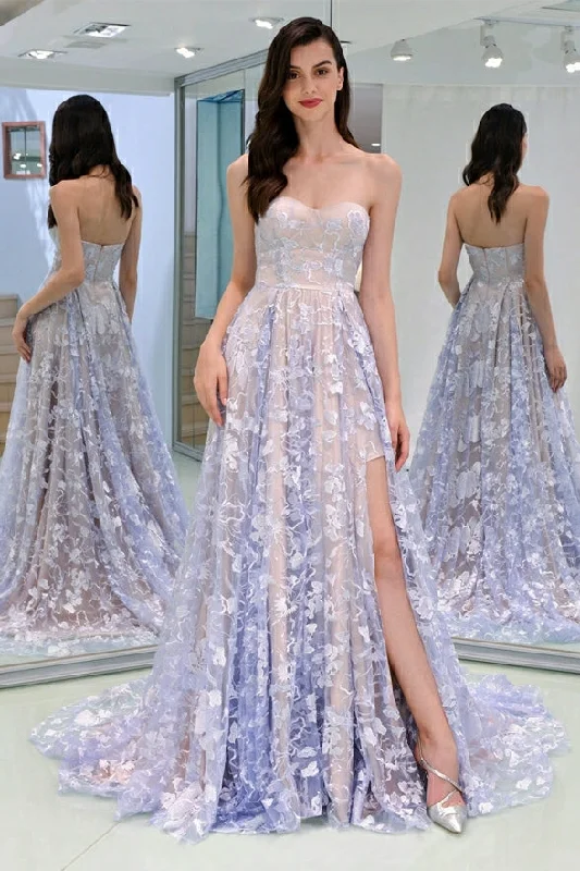 New Arrival Strapless Lilac Lace High Low Long Prom Dresses Formal Evening Party Grad Dress New Arrival Strapless Lilac Lace High Low Long Prom Dresses Formal Evening Party Grad Dress