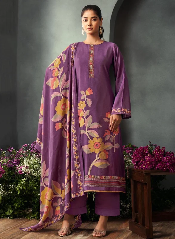 Purple Unstitched Pure Viscose Muslin Suit Dress Material with Embroidery