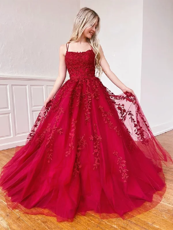 A Line Burgundy Tulle Lace Backless Long Prom Dresses, Open Back Burgundy Tulle Lace Formal Evening Dresses A Line Burgundy Tulle Lace Backless Long Prom Dresses, Open Back Burgundy Tulle Lace Formal Evening Dresses