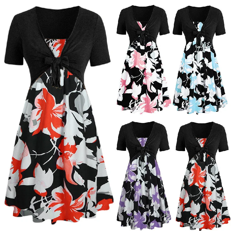 V-neck Twisted Flower Short Sleeve Printed Irregular Dress