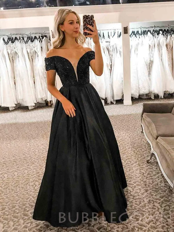 Off Shoulder A-line Black Satin V Neck Beaded Long Evening Prom Dresses, Cheap Custom prom dresses, MR7859 Off Shoulder A-line Black Satin V Neck Beaded Long Evening Prom Dresses, Cheap Custom prom dresses, MR7859