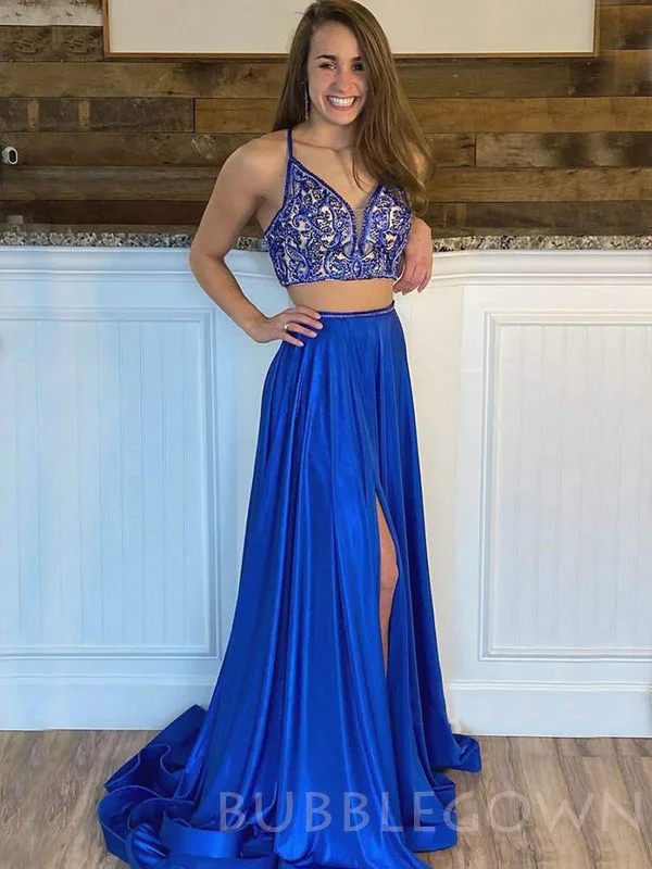Two Pieces Royal Blue Satin appliques Long Evening Prom Dresses, Cheap Custom Prom Dress, MR7932 Two Pieces Royal Blue Satin appliques Long Evening Prom Dresses, Cheap Custom Prom Dress, MR7932