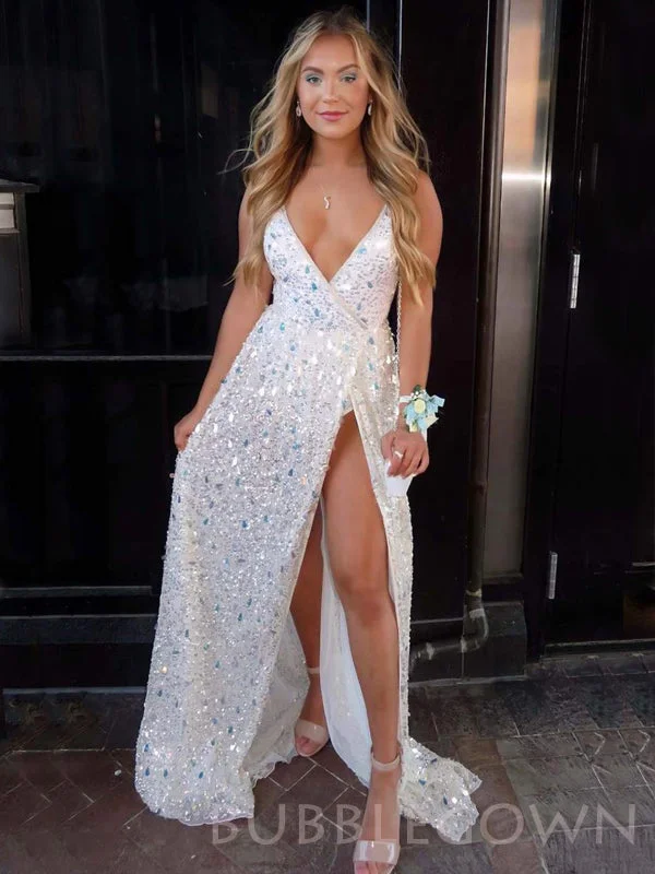 A-line Sheath Deep V-neck White Sequin Long Evening Prom Dresses, Cheap Custom Prom Dresses, MR7949 A-line Sheath Deep V-neck White Sequin Long Evening Prom Dresses, Cheap Custom Prom Dresses, MR7949