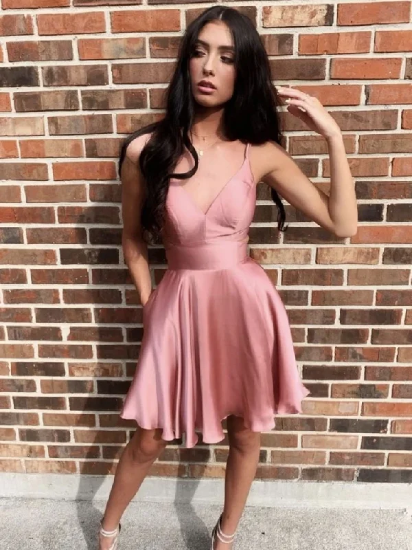 V Neck Short Rose Pink Prom Dresses, Short Rose Pink Formal Graduation Homecoming Dresses V Neck Short Rose Pink Prom Dresses, Short Rose Pink Formal Graduation Homecoming Dresses
