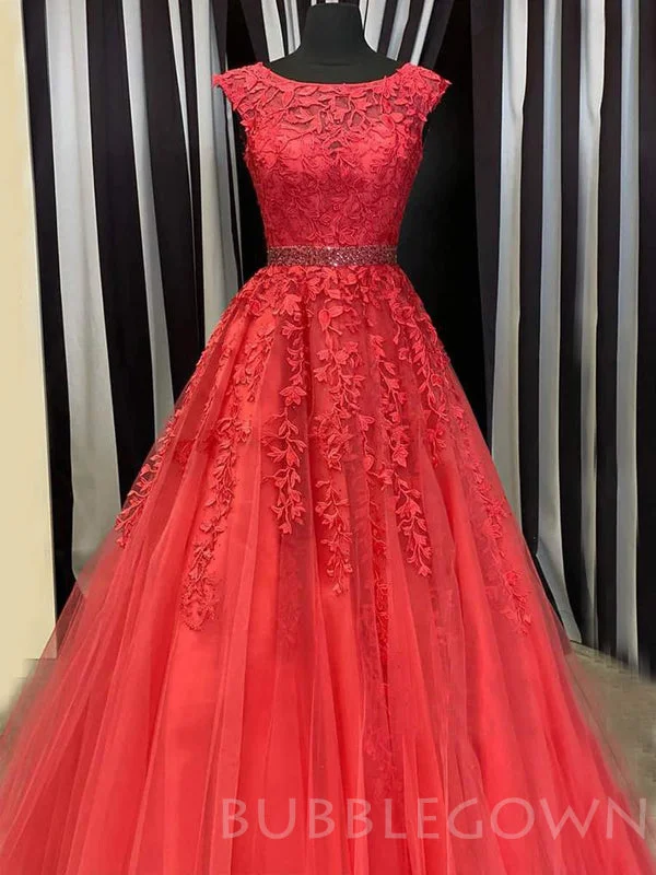 A-line Red Tulle Appliques Lace Bateau Long Evening Prom Dresses, Cheap Custom Prom Dresses, MR7885 A-line Red Tulle Appliques Lace Bateau Long Evening Prom Dresses, Cheap Custom Prom Dresses, MR7885