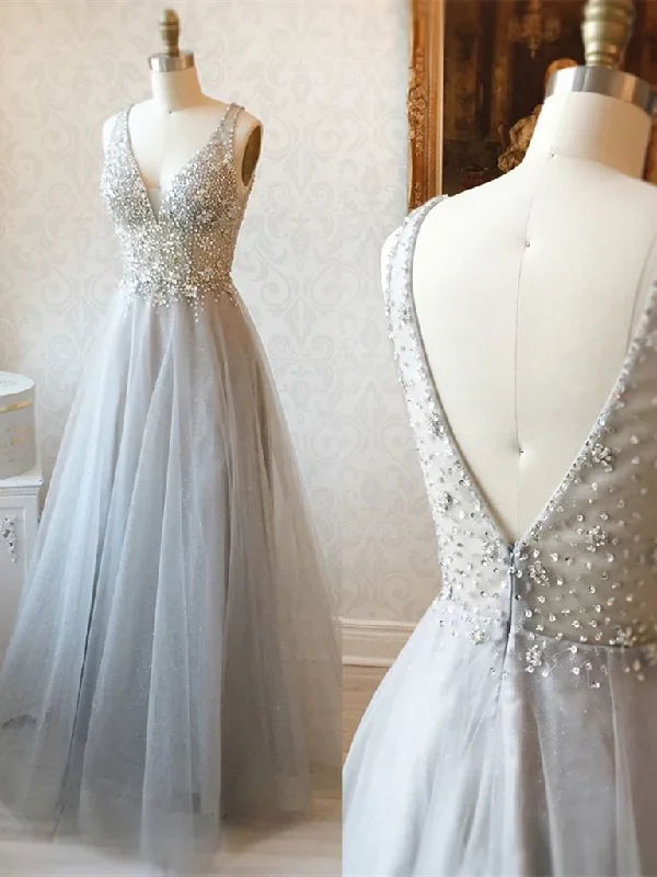 V Neck Grey Beaded Open Back Tulle Long Prom Dresses, Grey Beaded Open Back Tulle Long Formal Evening Dresses V Neck Grey Beaded Open Back Tulle Long Prom Dresses, Grey Beaded Open Back Tulle Long Formal Evening Dresses
