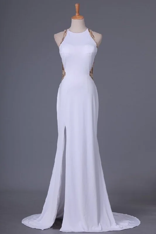 2024 Prom Dresses Scoop Spandex With Beads And Slit Sweep PES886FG