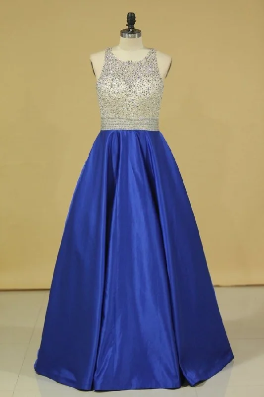 2024 Royal Blue Scoop Open Back Beaded Bodice A Line Prom Dresses Satin & Tulle PNTPD6G1 2024 Royal Blue Scoop Open Back Beaded Bodice A Line Prom Dresses Satin & Tulle PNTPD6G1