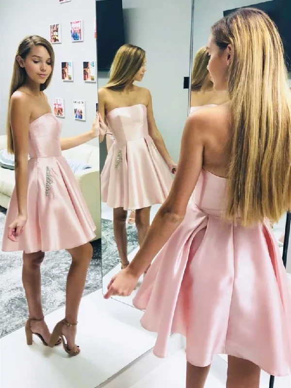 Strapless Short Pink Satin Prom Dresses with Pockets, Short Pink Formal Evening Graduation Homecoming Dresses Strapless Short Pink Satin Prom Dresses with Pockets, Short Pink Formal Evening Graduation Homecoming Dresses